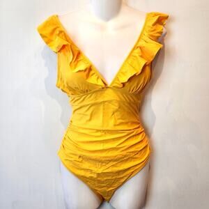 New Cupshe Tangerine Yellow Ruffle One Piece Swimsuit Low Back Plunge Neck M